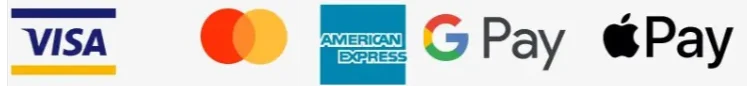 Visa, Mastercard, American Express, Google Pay, Apple Pay